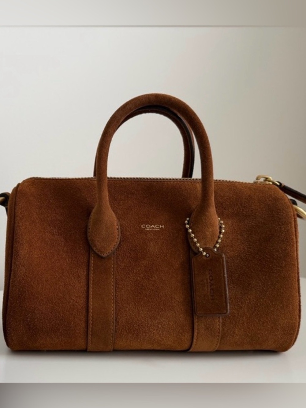 Coach Compass 25 Warm Brown Suede Gold Hardware Boston Duffle Bag